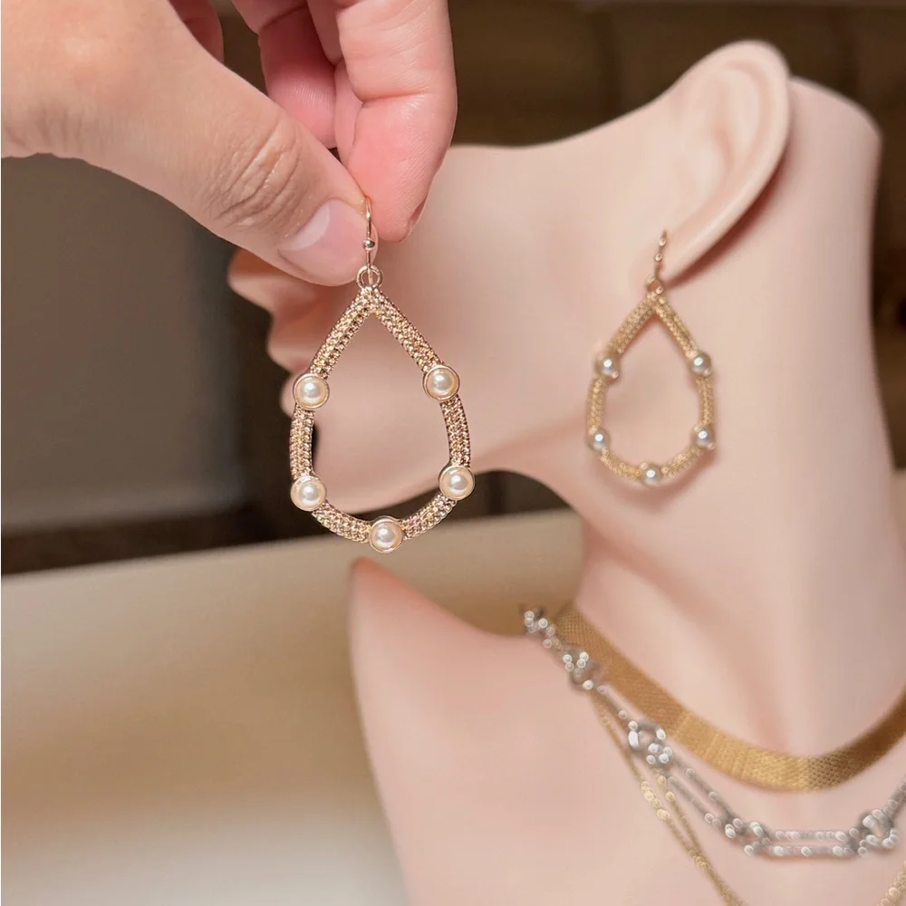 Gold Teardrop Pearl Accent Earrings
